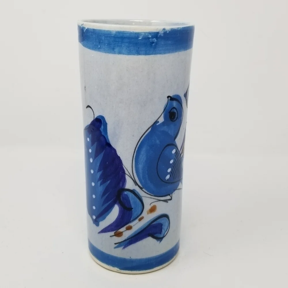 Ken Edwards Tonala Mexican Folk Art Pottery Vase Glazed Tumbler Bird Blue Floral